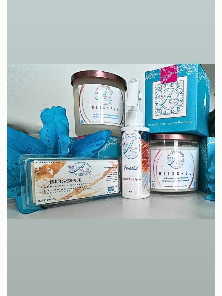 "Blissful Collection — hand-poured peach and sandalwood aromatherapy candles, wax melts, and room sprays by A Pillar of Light"