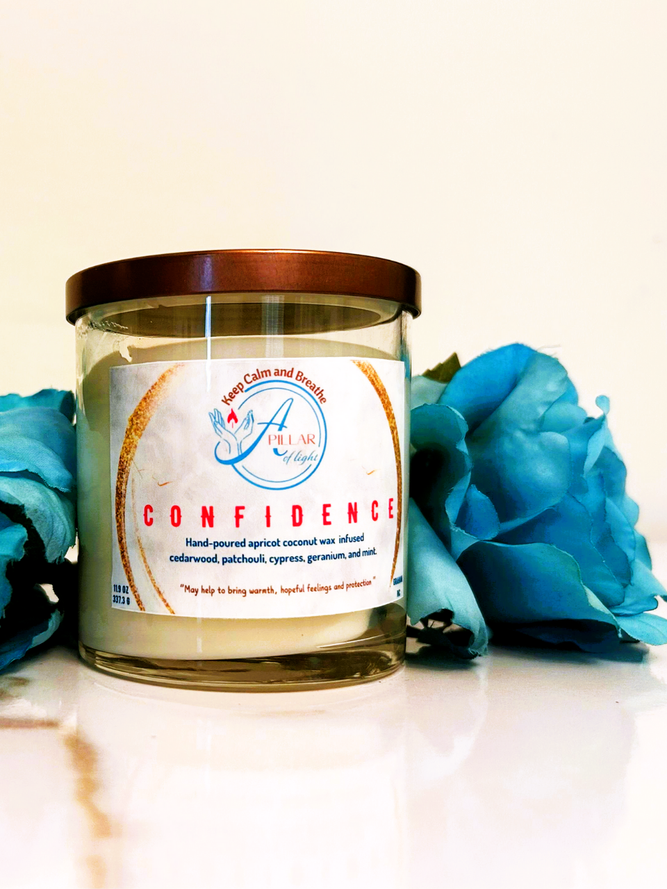 "Confidence Collection — grounding cypress, cedarwood, and patchouli aromatherapy candles, wax melts, and diffusers by A Pillar of Light"