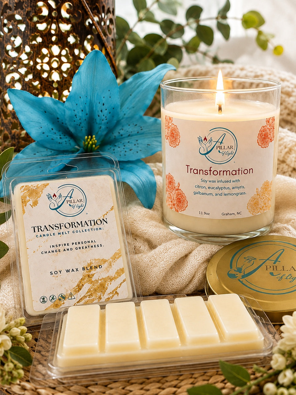 "Transformation Collection — hand-poured citron and eucalyptus aromatherapy soy candles and wax melts for renewal by A Pillar of Light"