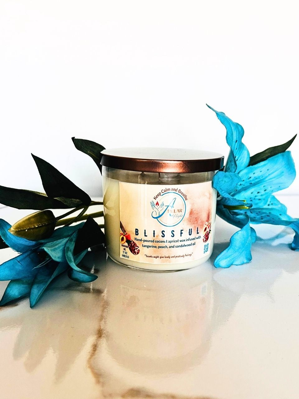 Blissful Soy Candle with peach and sandalwood scent - hand-poured luxury aromatherapy candle by A Pillar of Light