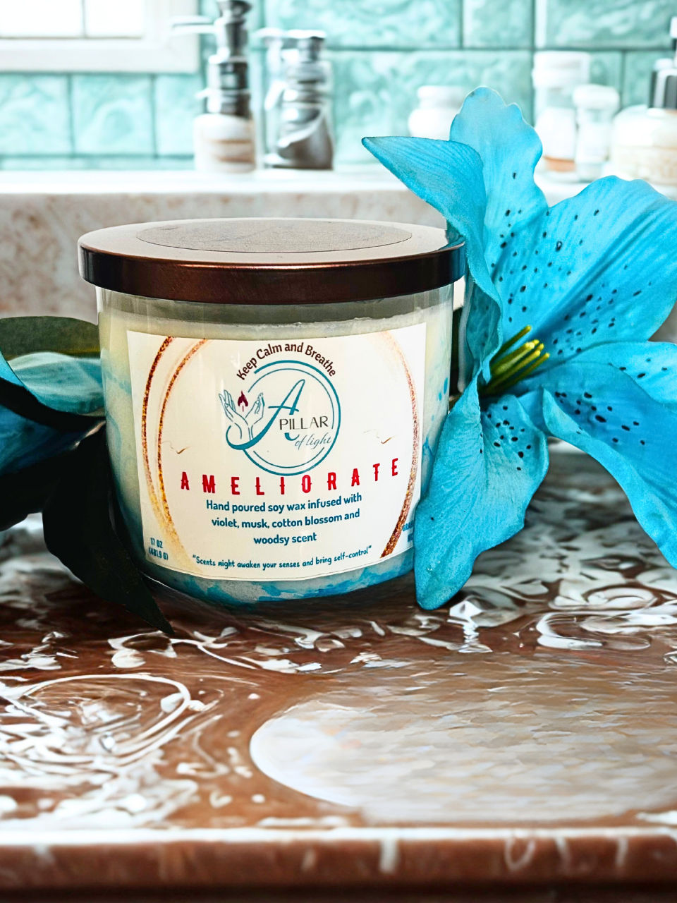 Hand-poured Ameliorate candle creating refined tranquility and gentle comfort in elegant living spaces