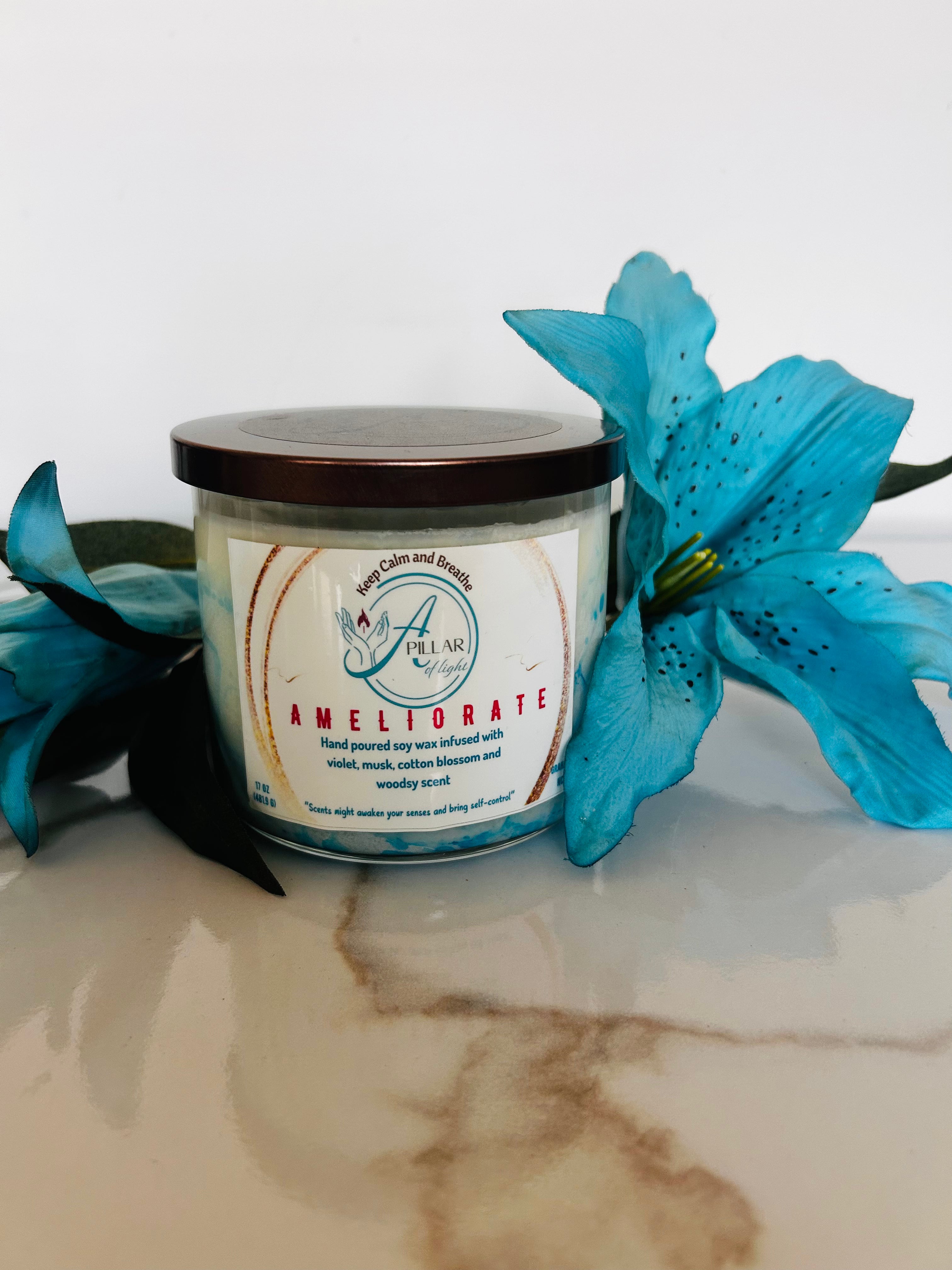 Ameliorate Collection candle by A Pillar of Light - premium soy wax with sophisticated violet and cotton blossom scent