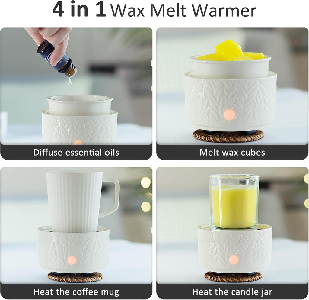 4-in-1 wax melt warmer with various uses including diffusing essential oils, melting wax cubes, heating a coffee mug, and heating a candle jar.