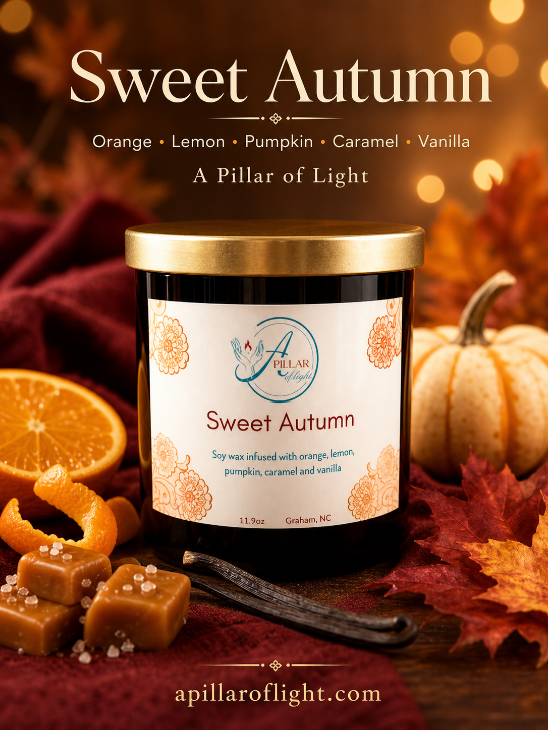 A jar candle labeled 'Sweet Autumn' by Apilar of Light, styled with autumn-themed props including pumpkins, fall leaves, caramel squares, a vanilla bean, and orange slices on a dark rustic background.