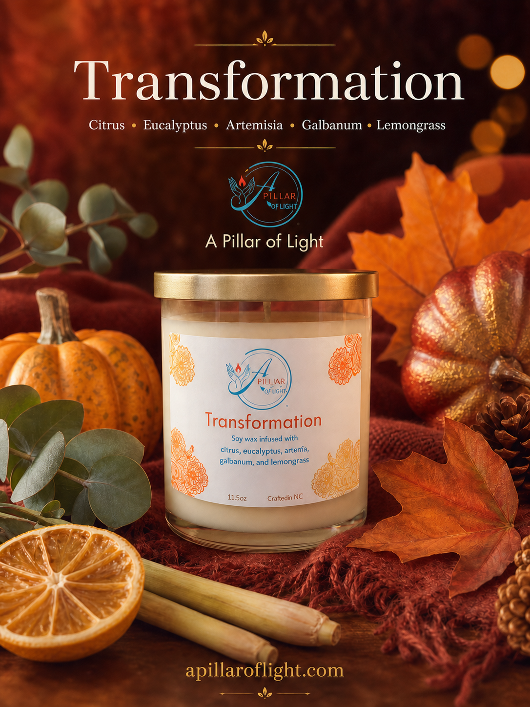 A jar candle labeled 'Transformation' by Apillar of Light, styled in an autumn scene with pumpkins, orange leaves, eucalyptus, cinnamon sticks, and a red knit blanket. The text at the top lists the scent notes: citrus, eucalyptus, artemisia, galbanum, and lemongrass.