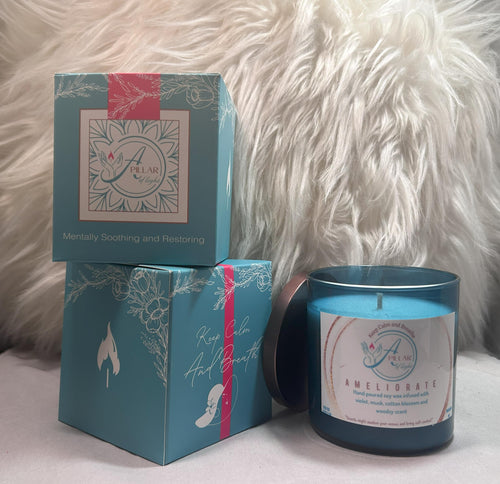 Hand-poured Ameliorate candle creating refined tranquility and gentle comfort in elegant living spaces