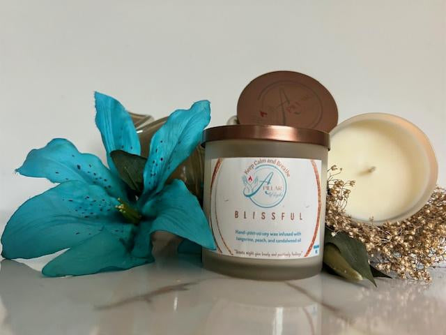 Premium Blissful candle with sweet peach notes and earthy sandalwood for peaceful escape from daily stress