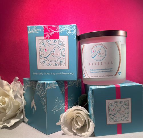 Blissful Peach & Sandalwood soy candle creating a tranquil sanctuary atmosphere for meditation and relaxation