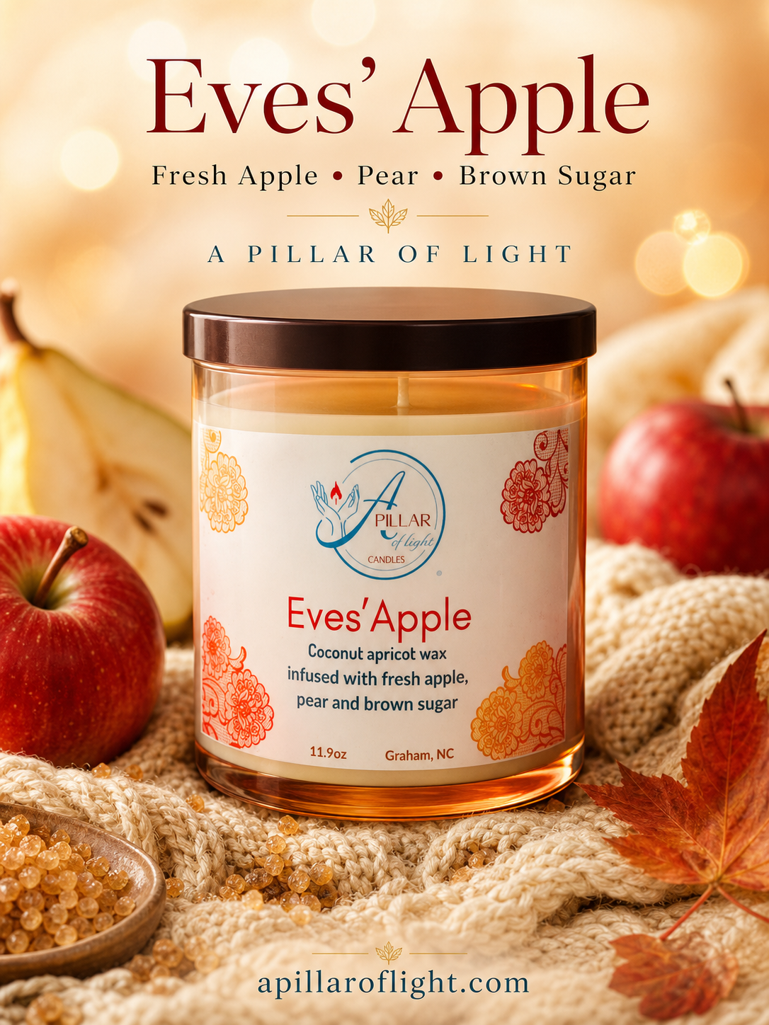 A jar candle labeled 'Eves' Apple' by Pillar of Light, surrounded by fall-themed props including red apples, a knitted blanket, and amber liquid in the glass. The top of the image includes the scent text 'Fresh Apple • Pear • Brown Sugar' and the brand name Pillar of Light.