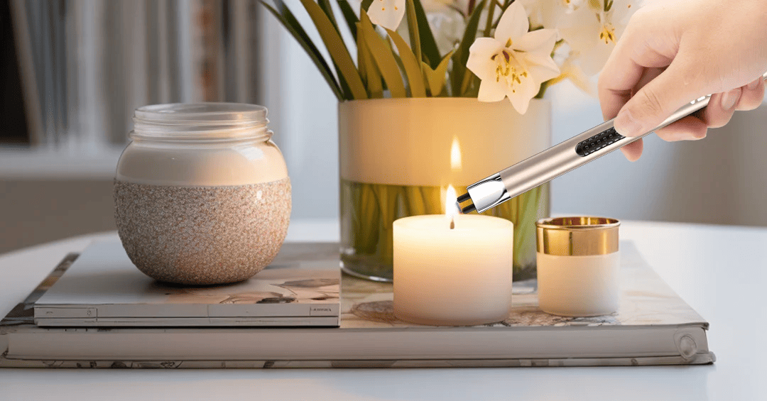 Candle being lit with tongs next to decorative jars and a vase with flowers on a table.