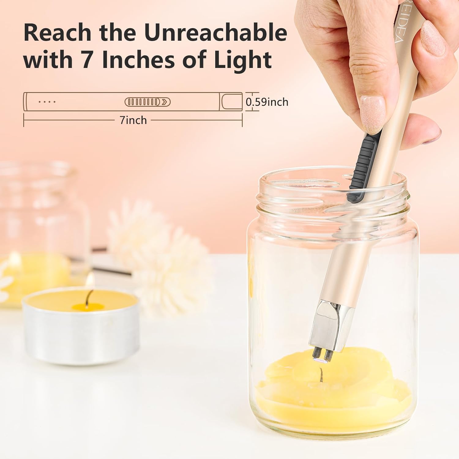 Lighter being used to light a candle inside a jar with text 'Reach the Unreachable with 7 Inches of Light