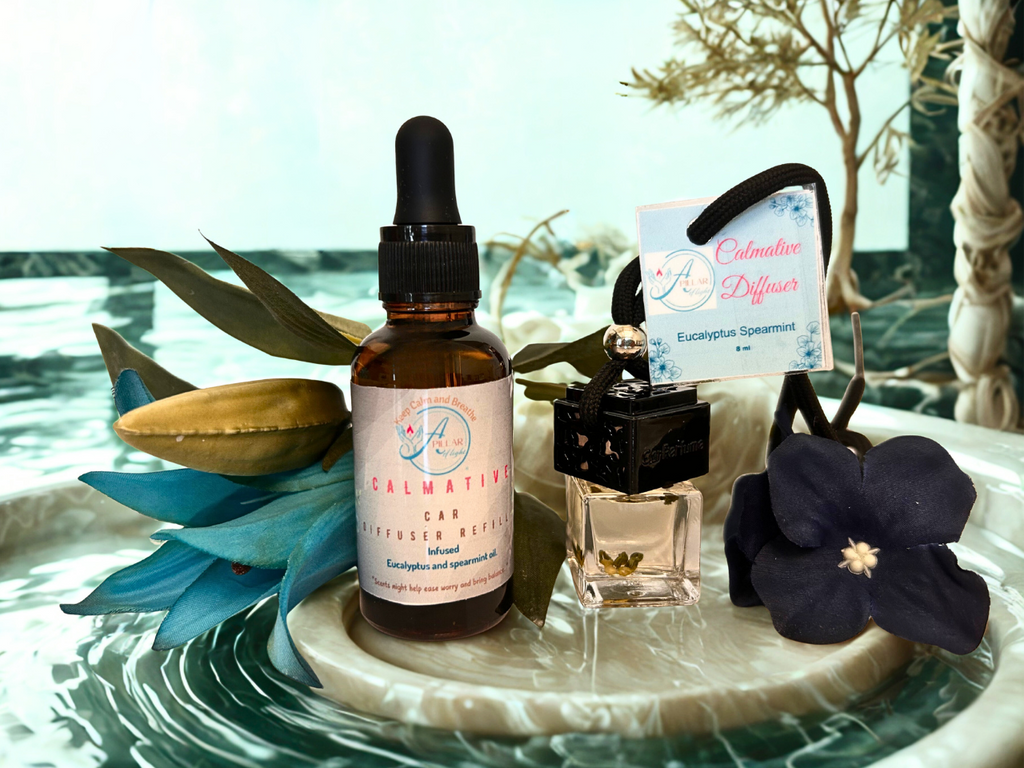 one  bottle of 'Calmative 'refill  with car diffuser products on a decorative plate with a scenic background.