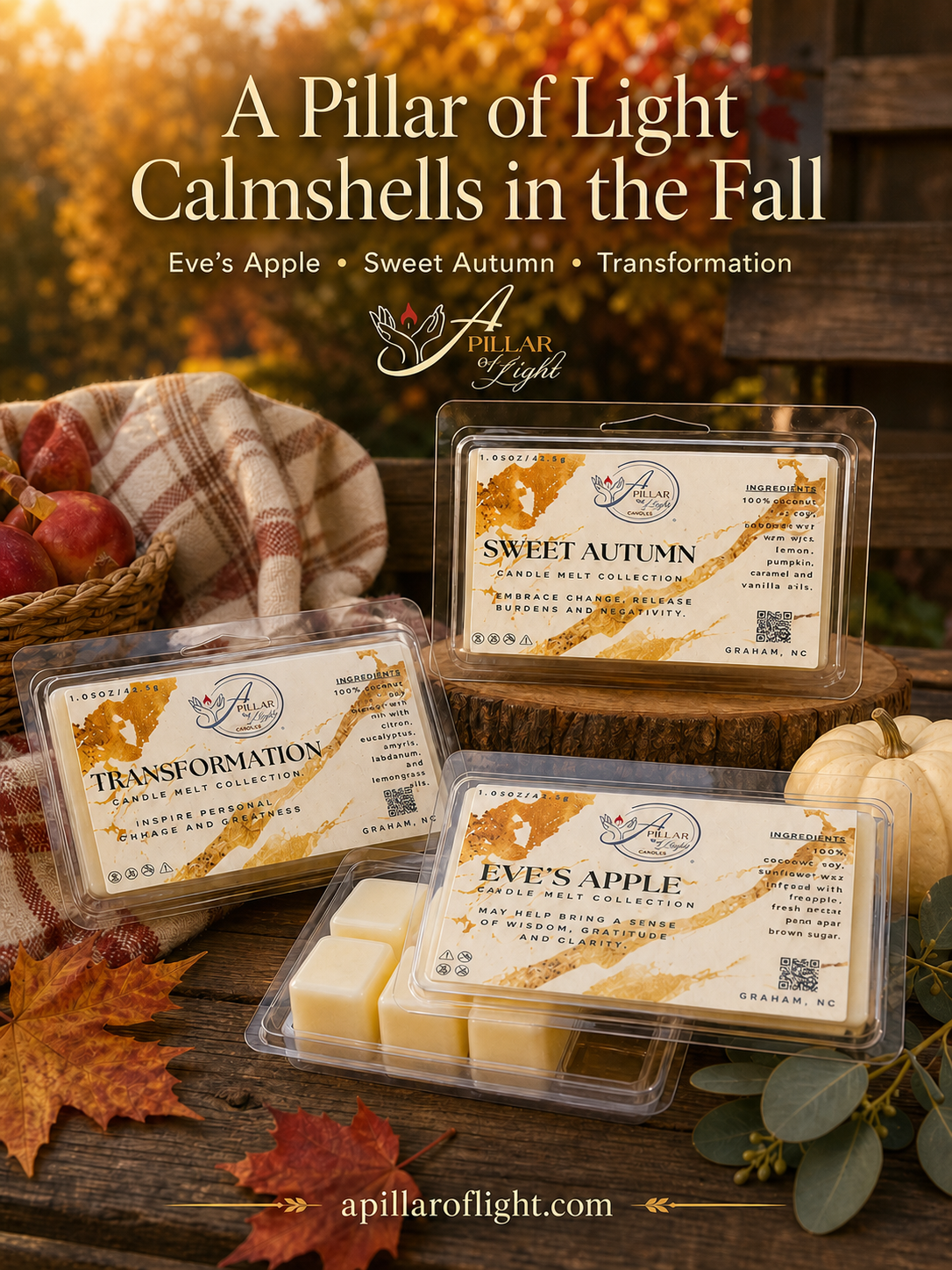 Three packaged wax melts from Apillar of Light are arranged on a rustic wooden surface with fall-themed props including leaves, pumpkins, a plaid cloth, and a blurred outdoor autumn background. The products are labeled Sweet Autumn, Eve's Apple, and Transformation.