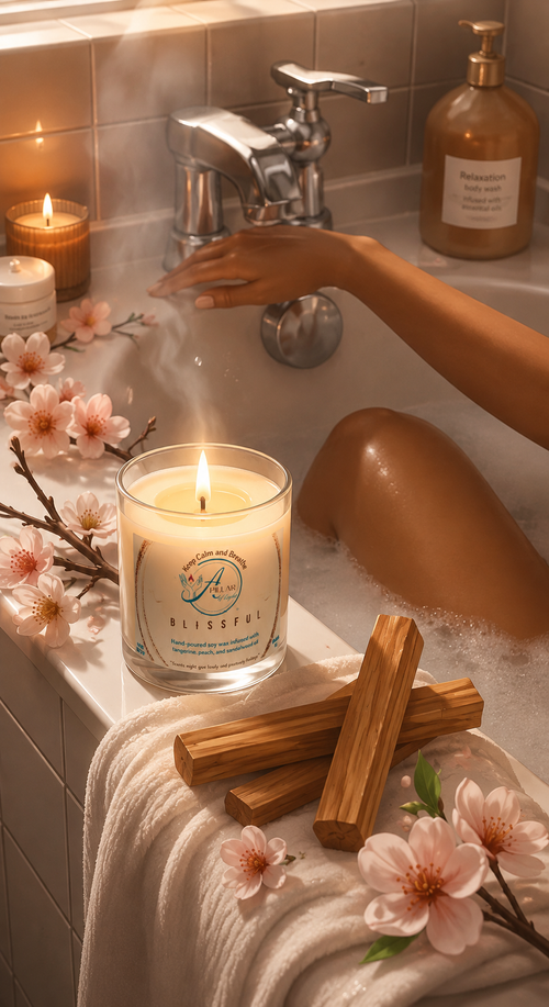 blissful candle with relaxing tub pic